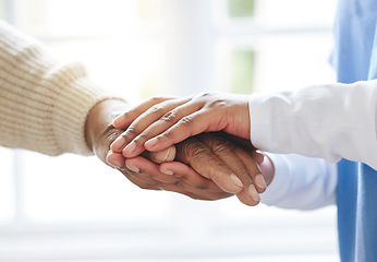 Image showing Holding hands, senior patient and nurse for support, healthcare or empathy at nursing home. Elderly person and caregiver together for trust, homecare and counseling or help for health in retirement