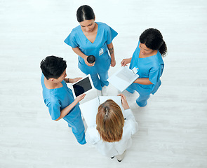 Image showing Teamwork, tablet or above of doctors in meeting planning a surgery strategy in collaboration together. Top view of healthcare nurses talking or speaking of online news reports, feedback or research