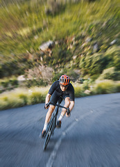 Image showing Bicycle, motion blur and man cycling fast in nature, mountain or adventure on trail, forest or valley path. Athlete, fitness and extreme bike sports with freedom, energy and off road exercise