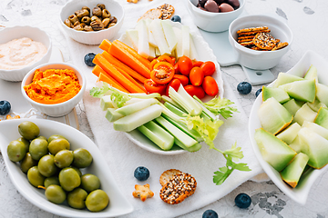 Image showing Crudites platter, raw vegetarian food or party vegetarian platter with various veggie snacks and dips