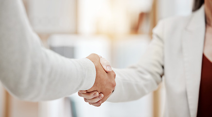 Image showing Business people, handshake and office introduction, partnership agreement or welcome to creative agency. Professional person, clients or partner shaking hands, meeting and deal or b2b onboarding