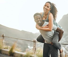 Image showing Couple outdoor, happy with piggyback and fitness, smile in portrait and interracial people train together. Mockup space, health and black man with woman, trust in relationship and exercise in nature