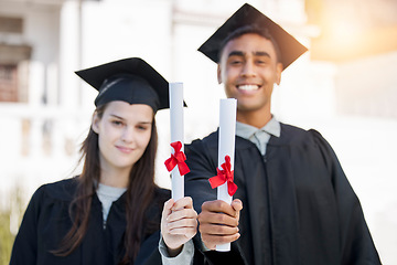 Image showing Graduation portrait, diploma and couple of friends in college, education success and achievement or scholarship. Award, certificate and graduate, university students or face of people for study offer