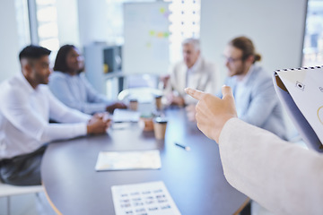 Image showing Planning, presenter giving a presentation and business meeting in a boardroom with colleagues at their office. Data review or workshop, teamwork and person with chart discussing with coworkers