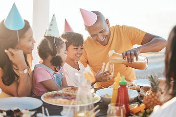 Image showing Birthday, parents and children with juice by beach for event, celebration and outdoor party together. Family, social gathering and mother, dad and kids at picnic with cake, presents and eating food