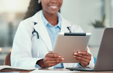 Image showing Tablet, doctor hands and black woman with research, healthcare and telehealth in hospital. Technology, medical professional and person with wellness email, reading health info or online consultation.