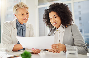 Image showing Business people, happy CEO and women with documents, paperwork or reading information, sales report or summary. Collaboration, partner or senior manager, woman or diversity team smile for income data