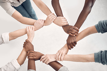 Image showing Teamwork, hands and group of business people together for strategy, planning and collaboration at start up. Synergy, team coworking and hand circle with diversity, employees working with cooperation.