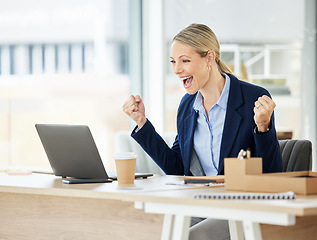 Image showing Business, woman and excited at achievement at a desk with success at the office with laptop. Celebrate, female professional and good news at a company with promotion for happiness with a computer.