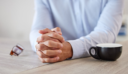 Image showing Stress, frustrated and hands of business person in office for worry, anxiety and mental health problems. Tired, fear and fatigue with closeup of employee resting at desk for failure and depression