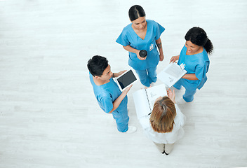 Image showing Teamwork, tablet or above of nurses in meeting planning a surgery strategy in collaboration together. Top view of healthcare doctors talking or speaking of online news reports, feedback or research