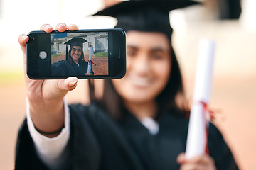 Image showing Selfie, certificate and woman with phone in graduation event due to success or achievement on college or university campus. Graduate, happy and young person or student with an education scholarship