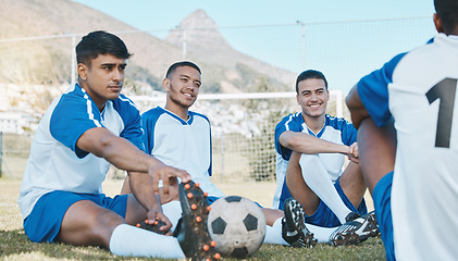 Image showing Stretching, sports group or soccer team on field for fitness training or exercise outdoor. Football player, club and diversity athlete people with focus for sport competition, workout or warm up