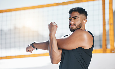 Image showing Thinking, stretching and man at beach for exercise in volleyball game, training or workout. Fitness, sports and athlete in muscle warm up, preparation or ready to start match, competition or sport