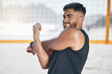 Image showing Stretching, exercise and man at beach for volleyball game, training or workout. Fitness, sports and athlete thinking in muscle warm up, preparation or ready to start match, competition or sport