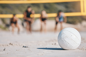 Image showing Beach volleyball, sports and on the sand in summer for fitness, fun and vacation games. Health, nature and a ball by the ocean for sport training, cardio or competition on a holiday or travel