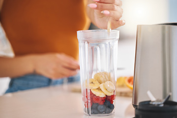 Image showing Fruit, smoothie and breakfast with hands of woman in kitchen for gut health, diet and milkshake. Wellness, detox and nutrition with closeup of female person at home for cooking, juice and weight loss