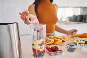 Image showing Fruit, smoothie and detox with hands of woman in kitchen for gut health, diet and breakfast. Wellness, blender and nutrition with closeup of female person at home for cooking, juice and weight loss