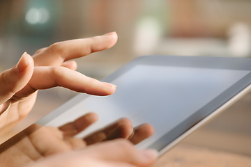 Image showing Woman, hands and working on tablet, screen and technology for typing online in a cafe with app, network or social media. Hand, touchscreen and reading news, blog or search on internet website