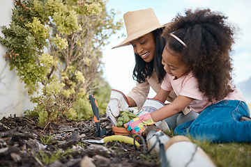 Image showing Gardening, mother and child with plant in backyard for learning environmental, organic and nature skills. Landscaping, family and happy girl with mom planting sprout in soil, dirt and earth together