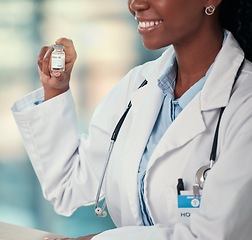 Image showing Covid, doctor hands and black woman with vaccine vial for virus or corona. Bottle, medical professional and person with vaccination, medicine or pharmaceutical drugs for happy healthcare at hospital.