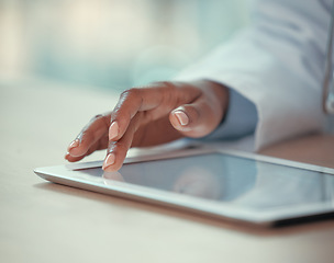 Image showing Hand, tablet and research with a doctor in the hospital, typing healthcare data for diagnosis in an office. Technology, insurance and report with a medicine professional searching medical information