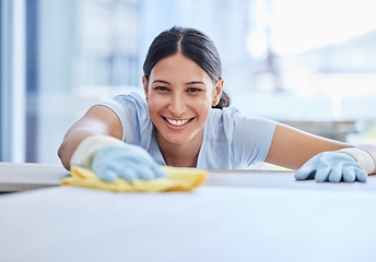 Image showing Cloth, tablet and portrait of happy woman cleaning apartment, home our house for dirt or bacteria. Hygiene, dust and product with face of person for furniture maintenance or shine in living room