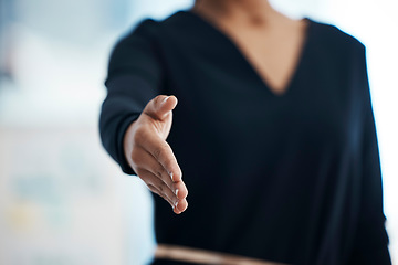 Image showing Hand, woman and professional handshake in business, meeting or welcome to interview, negotiation or teamwork. Businesswoman, gesture and shaking hands for partnership, deal agreement or promotion