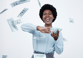 Image showing Rich, throwing money and woman with cash win in studio for investment, savings or wealth. Excited black person with bank notes in air for competition award, financial freedom or lottery bonus prize