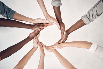 Image showing Teamwork, business people together in hand circle for strategy and planning with collaboration at start up. Connection, team and coworking, hands of employees working with cooperation and diversity.