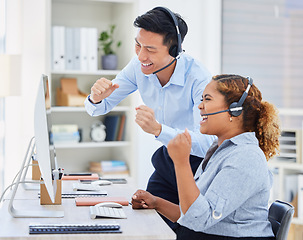 Image showing Telemarketing, business people and sales success cheer of staff with good news and promotion email. Motivation, contact us and call center employee with applause and winner in office with support