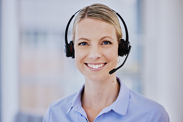 Image showing Young woman, portrait and call center with smile, communication or microphone in technical support job. Girl, telemarketing and face for sales consulting, customer service and help desk at crm agency