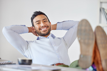 Image showing Relax, smile and portrait of business man at desk for pride, stretching and break. Happy, achievement and inspiration with male employee in office for mental health, professional and satisfaction