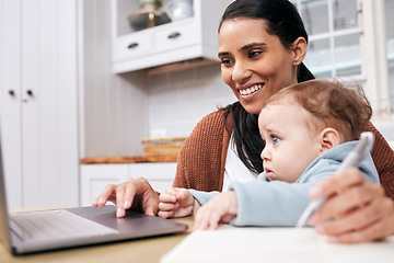 Image showing Computer, baby and work from home mom writing, child care and planning business, job and family support in happy multitask. Laptop, typing and busy mother or freelance person with career and child