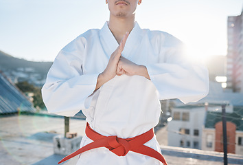 Image showing Karate, exercise and discipline with a sports man in gi, training in the city on a blurred background. Fitness, respect or bow with a male athlete during a self defense workout for health closeup