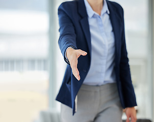 Image showing Closeup, business and woman with handshake, cooperation and negotiation with collaboration, agreement or partnership. Zoom, female person or confident employee shaking hands, opportunity or promotion