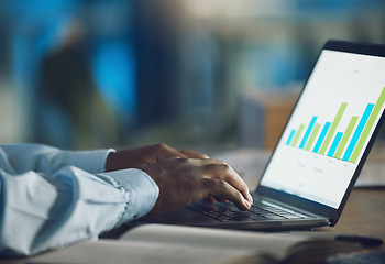 Image showing Hands, seo and typing on laptop with data, working on project and internet infographics. Computer, marketing professional and business person with graphs, analytics or charts for advertising analysis