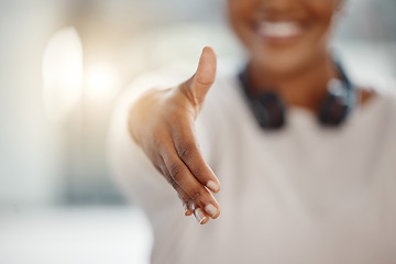 Image showing Extended hand, business or handshake for deal, partnership or welcome greeting. Hands of entrepreneur person for hr recruitment or hiring and trust, agreement or congratulations for promotion success