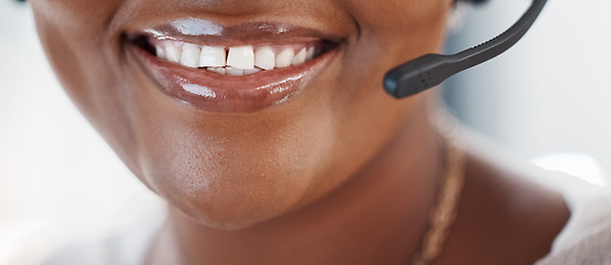 Image showing Call center, microphone and mouth of a woman agent for telemarketing, sales or crm work. Smile of a woman consultant with a headset for customer service, contact us and help desk support or advice