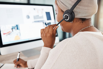 Image showing Call center, black woman and writing notes, listening and schedule, customer service and support. Notebook, telemarketing and sales agent, consultant or employee at help desk, consulting and business