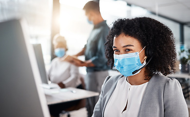 Image showing Call center, agent and woman with a mask, telemarketing and consulting with safety, protection and customer service. Female person, agent and consultant with face cover, regulations and tech support