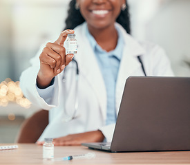 Image showing Doctor hands, vaccine and black woman with covid vial for virus or corona. Bottle, medical professional and person with vaccination, medicine or pharmaceutical drugs for happy healthcare at hospital.