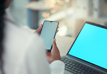 Image showing Hands, laptop and phone with a doctor in the hospital, typing healthcare data for diagnosis in an office. Communication, insurance or report with a medicine professional searching medical information