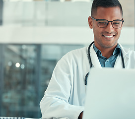 Image showing Laptop, doctor smile and man research for healthcare, telehealth or online consultation in hospital. Computer, medical professional and person typing email for wellness and reading health information