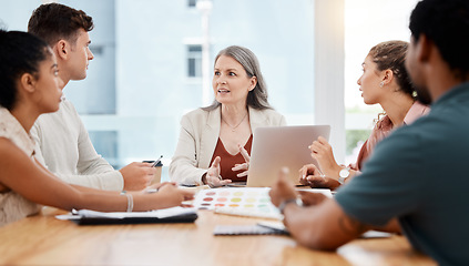 Image showing Mentor, planning and ceo with business people in meeting for creative, design or project management. Teamwork, collaboration and coaching with employees in office for strategy, research or consulting