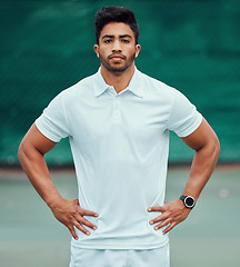 Image showing Sports, tennis court and serious portrait of man with fitness mindset, confidence and focus at competition. Workout goals, proud and confident male athlete with motivation for health, sport and pride