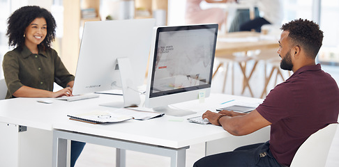 Image showing Computer, workspace and happy people, web designer or creative team for coworking, discussion and business research. African woman with partner on desktop pc, web design and planning in office