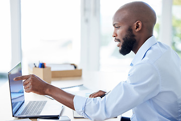 Image showing Business, research and man with laptop, pointing to screen and connection with network, online reading and website information. Male person, consultant and agent with a pc, technology and planning