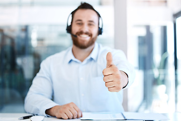 Image showing Happy man, call center and hand in thumbs up for success, winning or approval at the office. Portrait of businessman, consultant or agent with thumb emoji, yes sign or like for good job at workplace