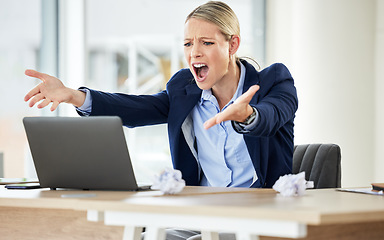 Image showing Business, screaming and woman with anger, laptop and error with connection issue, frustrated and glitch. Female person, consultant and employee with a pc, angry and shouting with a problem and stress